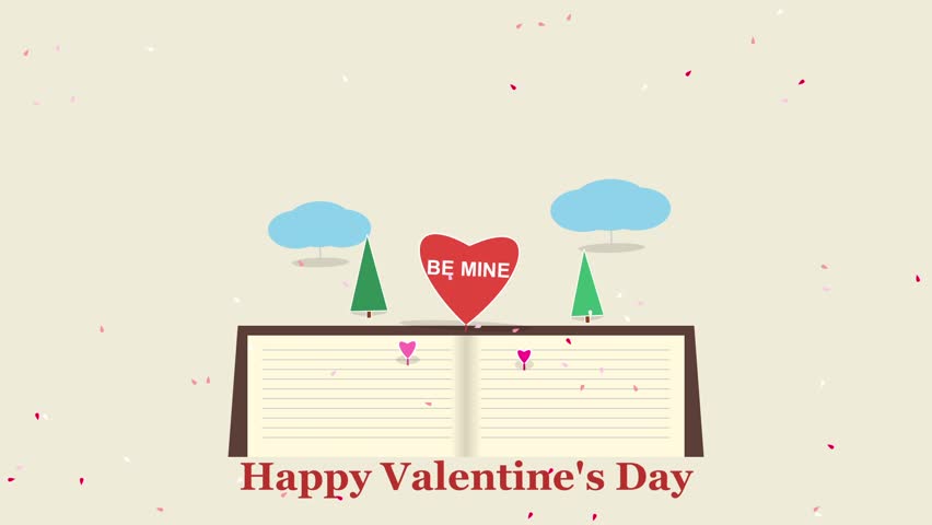 A beige pop-up book opens, and a red paper heart with 'Be Mine' text emerges from the center, along with paper clouds and decorations. A cute, handmade-style 3D animation.