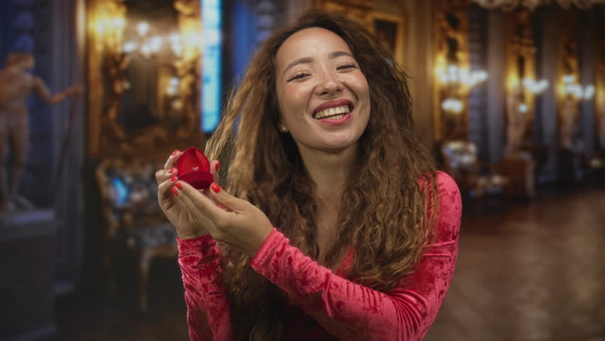 Woman smiling and holding ring in red box with both hands inside ornate museum building gallery lined with chandeliers and sculptures; engagement joy.