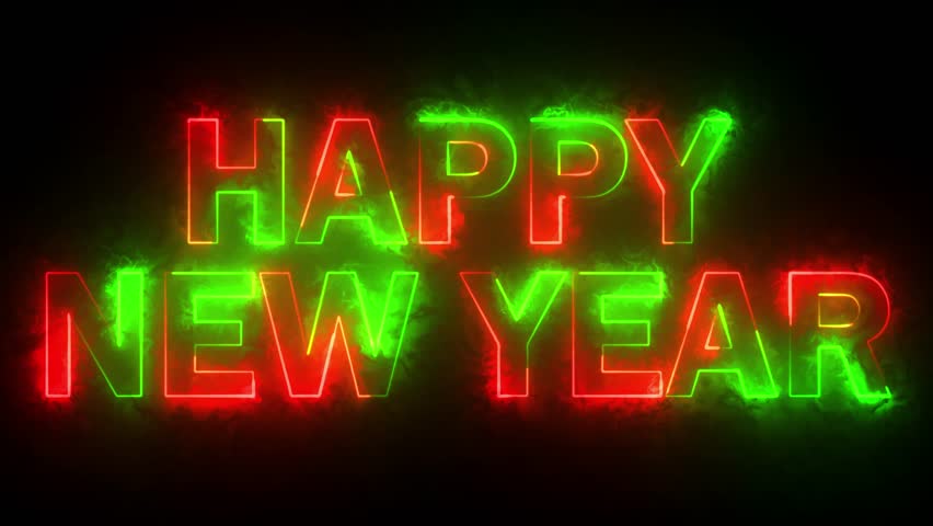 Happy New Year text icon animation glowing neon red and green color anniversary template banner sign signboard holiday code digit rectangle box font letter word on black background	