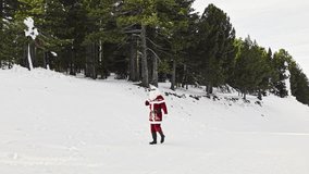Santa Claus walking along a snowy road through a pine forest with a gift bag on his shoulder, creating a festive Christmas atmosphere in a peaceful winter landscape. - Powered by Shutterstock - Get 15% off with code: PIKWIZARD15