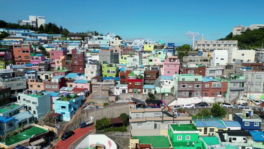 Flying up over the Gamcheon Culture Village in Busan, South Korea