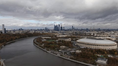 Aerial View of Luzhniki Stadium and Moscow City Skyline