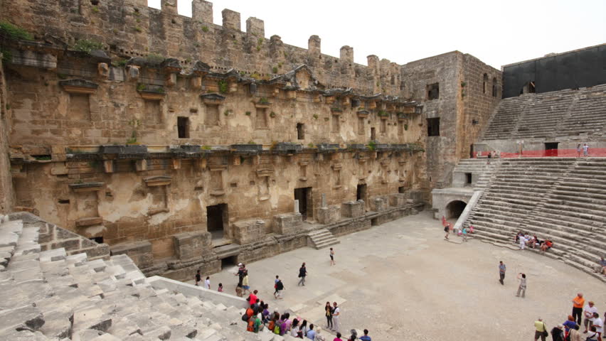ASPENDOS, TURKEY - MAY 09, 2013: Hyperlapse of ancient amphitheater in Aspendos,