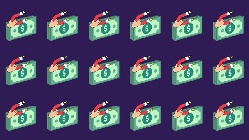 Seamless pattern of hand, magnet, and attracting money icons in a tile background animation. Repeating wallpaper with financial magnetic, wealth attraction, and profit strategy symbols.