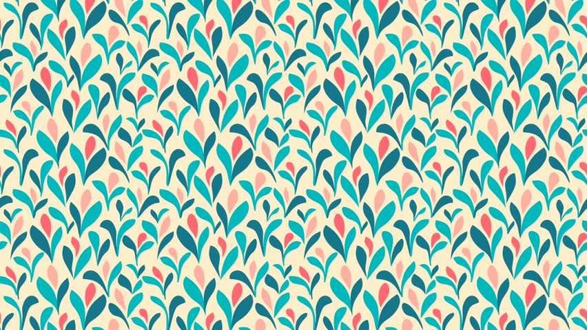 Seamless floral pattern with blue leaves and pink flowers on yellow background. Could be used as wallpaper or background for any content, loops continuously. 