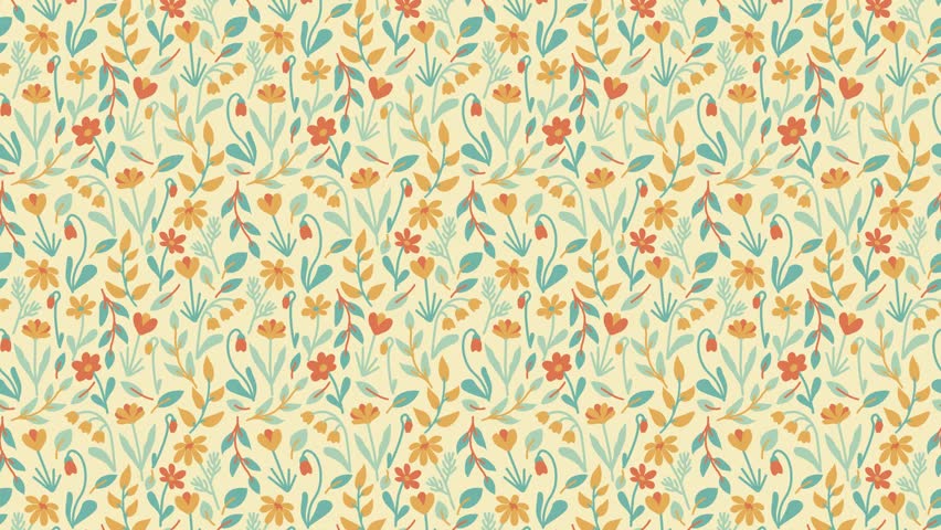 Seamless vintage  botanical pattern with blue, red and yellow flowers and leaves on yellow background in pastel colors. Could be used as wallpaper or background for any content, loops continuously. 