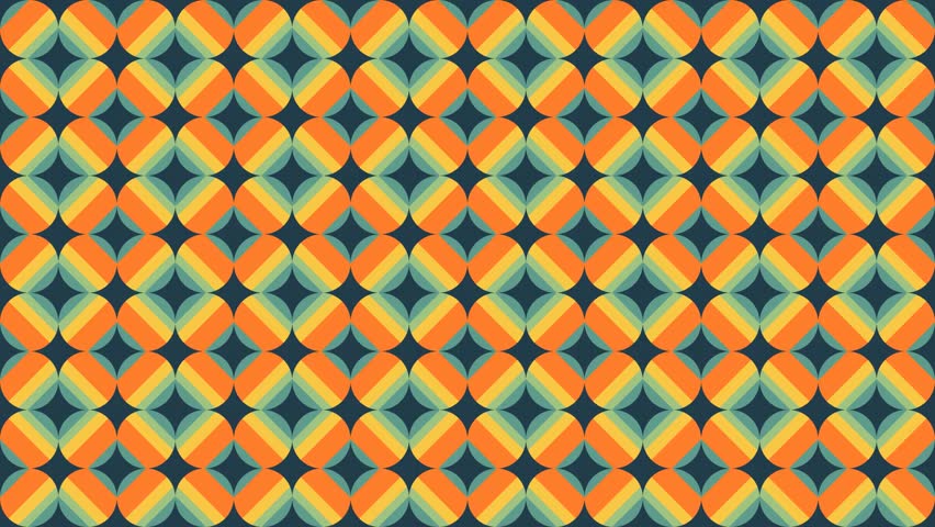 Seamless geometric pattern with blue circles containing orange, yellow and green stripes on dark blue background. Could be used as wallpaper or background for any content, loops continuously. 