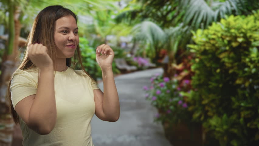 Young woman in yellow t shirt raising fists on a forest path lined with green shrubs and flowers; joy triumph.