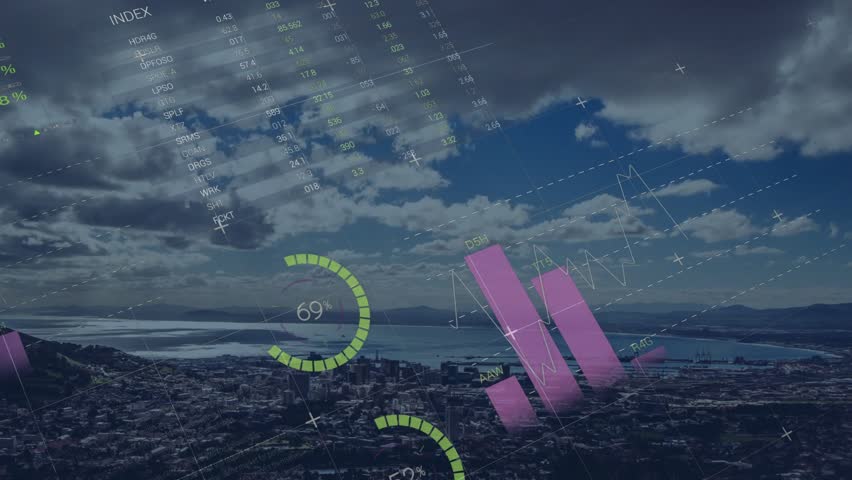 HUD fading in over coastal city, data overlays growing and rotating, visualizing financial trends. Infographics, graphs, animated, aerial, urban, seaside, bay