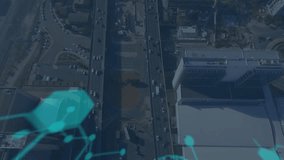 Data overlay fading in cyan brain emerging and analyzing traffic while code scrolling, compressing. Holographic, hexagonal, neural, teal, aerial, urban, cityscape - Powered by Shutterstock - Get 15% off with code: PIKWIZARD15
