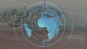 On scene load holographic globe rotating clockwise, HUD rings pulsing, visualizing global data. Orb, radar, interface, translucent, futuristic, waterfront, skyline - Powered by Shutterstock - Get 15% off with code: PIKWIZARD15