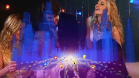 Friends leaning around table in music club, phone being shown causing blue bars and emojis, sharing. Group, lounge, nightlife, celebration, interaction, moody, neon - Powered by Shutterstock - Get 15% off with code: PIKWIZARD15