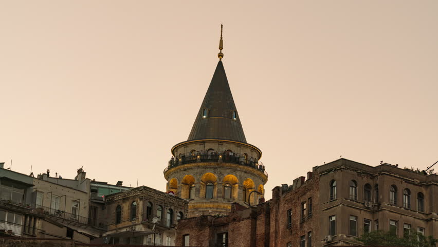 Timelapse of Galata Tower at dusk in Istanbul, Turkey