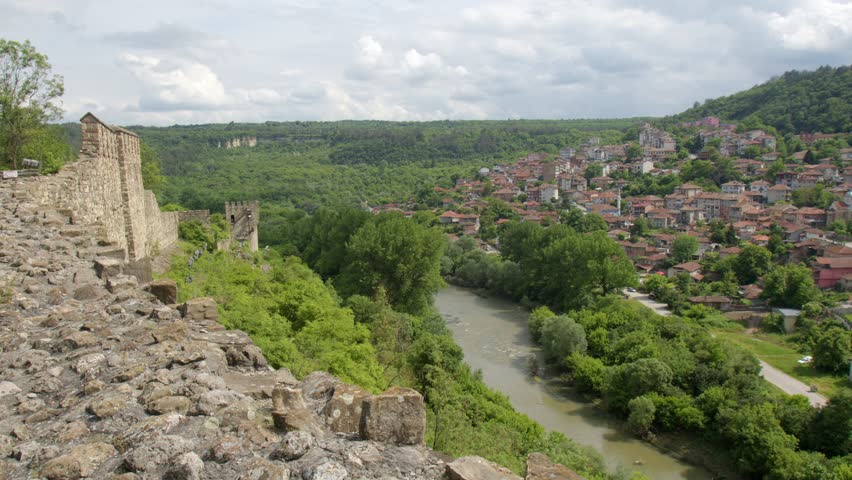 Veliko Tarnovo Bulgaria Medieval Cityscape with Tsarevets Fortress, Historic Architecture, Scenic Hillside Views and Vibrant Cultural Atmosphere for Travel and Tourism Themes