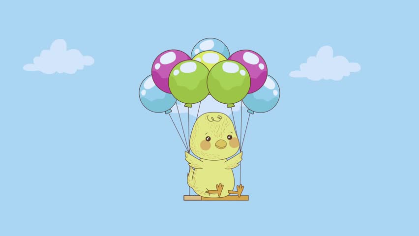 Cute little Easter chick floating with colorful helium balloons in a festive spring scene. Playful and joyful animation perfect for Easter greetings, holiday videos, children’s content, or cheerful 