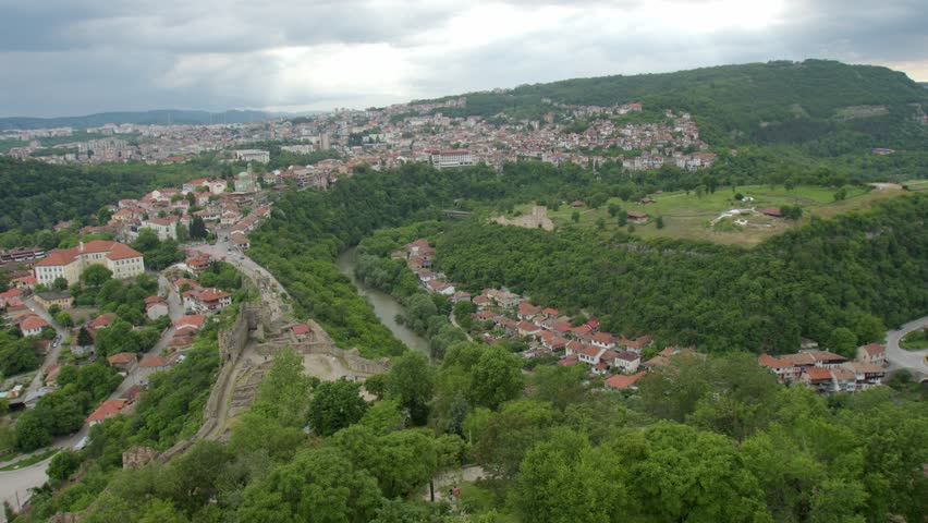 Veliko Tarnovo Bulgaria Medieval Cityscape with Tsarevets Fortress, Historic Architecture, Scenic Hillside Views and Vibrant Cultural Atmosphere for Travel and Tourism Themes