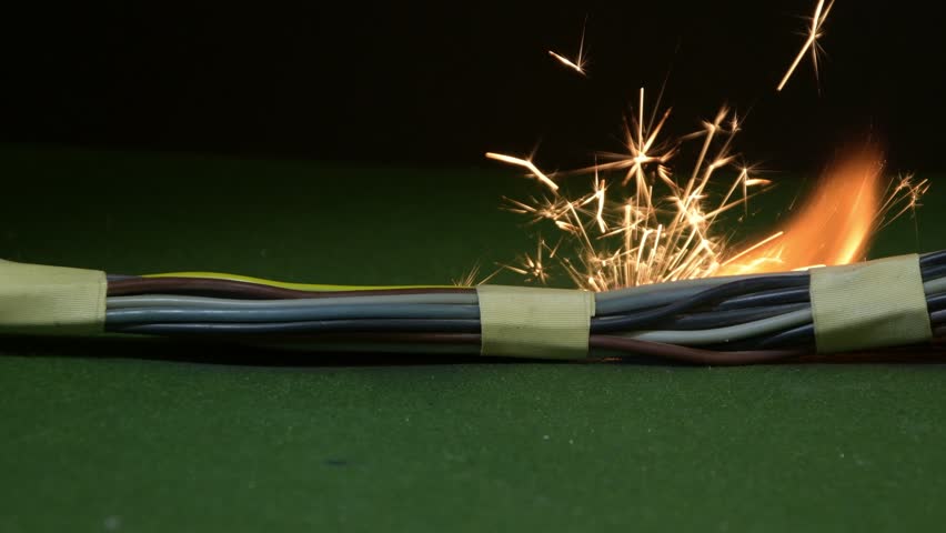 A short circuit causes bright sparks and local ignition among insulated cables.