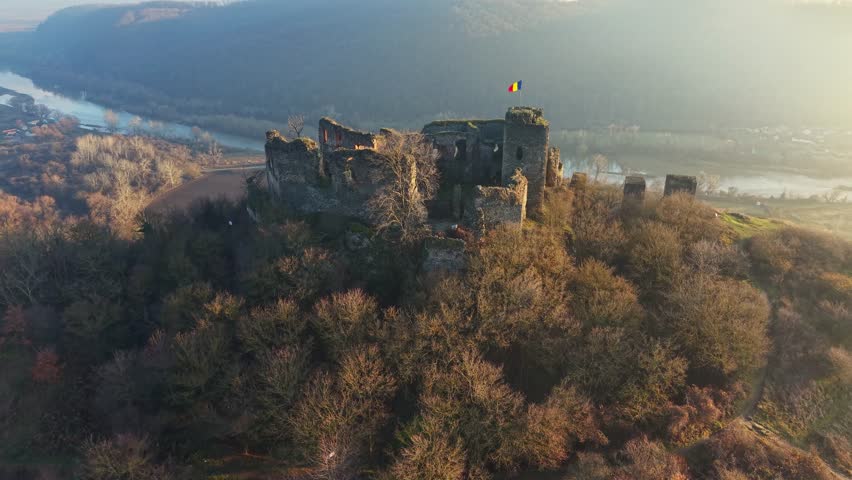 Scenic drone footage in late autumn over the Soimos Fortress in Arad County, Romania, Europe