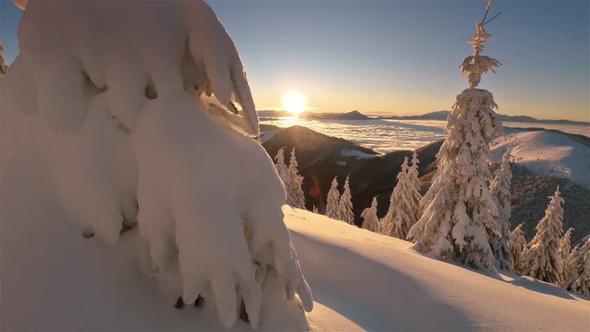 Magic Winter Sunrise Over Snowy Forest Mountains