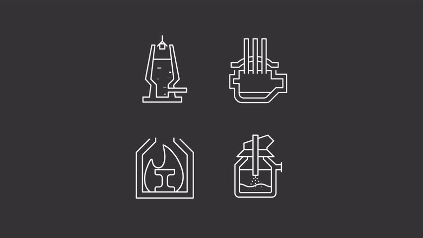 Animated metallurgical furnaces white line icons. Iron ore smelting equipment animation set. Steelmaking technology. Metal fabrication. Isolated element on dark background. Alpha transparent video