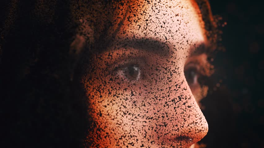 Close-up profile of a human face forming from or disintegrating into a cloud of particles. A futuristic concept of digital identity and ai. 3D Illustration