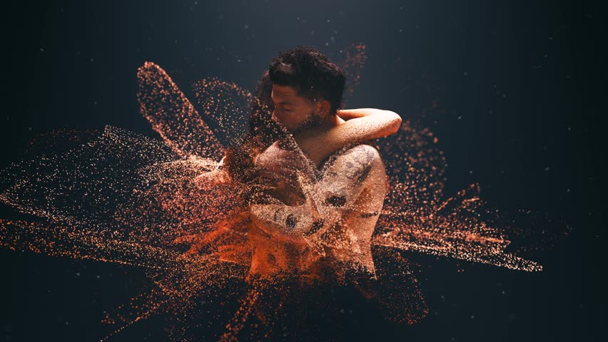 Passionate man and woman hugging tightly while their bodies dissolve into a swirling cloud of glowing orange and white digital particles. 3D Illustration