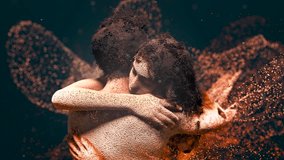 Abstract romantic animation of a man and woman embracing. Their bodies are made of countless moving particles that form and dissolve their shapes. 3D Illustration - Powered by Shutterstock - Get 15% off with code: PIKWIZARD15