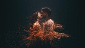 Abstract digital rendering of a man and a woman kissing, their bodies forming from a swirling cloud of glowing particles on a dark background. 3D Illustration - Powered by Shutterstock - Get 15% off with code: PIKWIZARD15