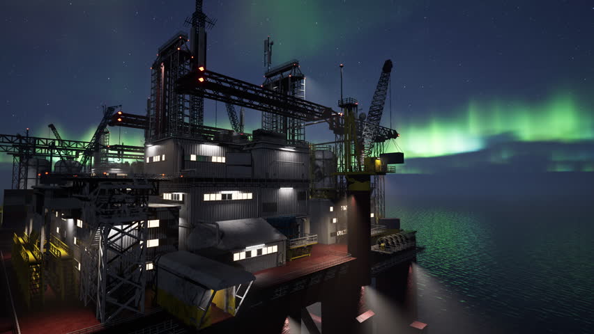Offshore oil rigs in open sea ready for fossil fuel extraction beneath aurora borealis. Industrial drilling platforms used for extracting petrol from deep ocean reserves under northern lights