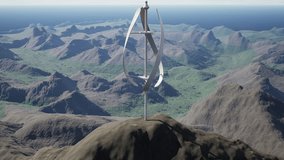 Futuristic vertical wind turbine, concept of green energy RD innovation. Advanced VAWT energy generator gear on high altitude rocky mountain peak in green valley landscape - Powered by Shutterstock - Get 15% off with code: PIKWIZARD15