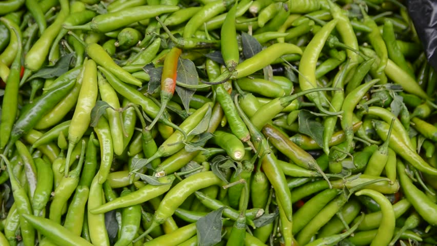 Bird's eye chilies or Thai chili. Fresh green chili peppers for sale on the market. 