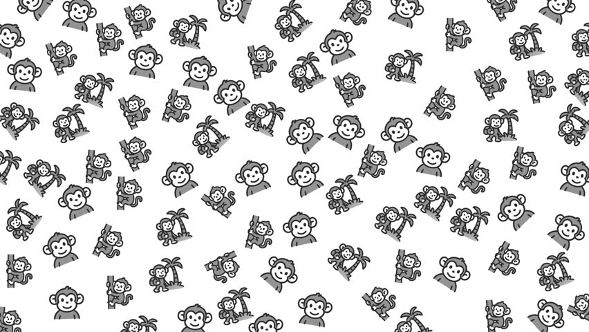 Monkey doodle art with cartoon monkeys and palm trees, creating a playful pattern. Ideal for childrens illustrations, apparel, and products.
