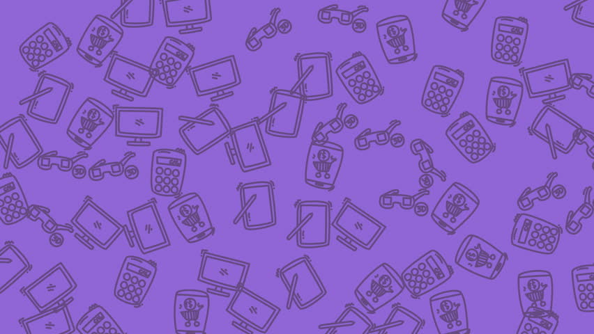 Scattered outlines of calculators, monitors, motorcycles, and drinks on purple ideal for creative digital designs and technologythemed projects.