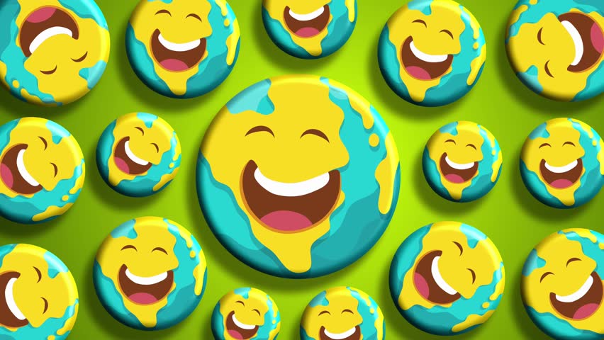 Cheerful yellow faces mixed with earth icons repeating brightly