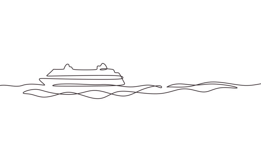 Self drawing animation of cruise ship in continuous one line art style. Traveling on ocean voyage for summer vacation. High quality minimalist animated drawing.