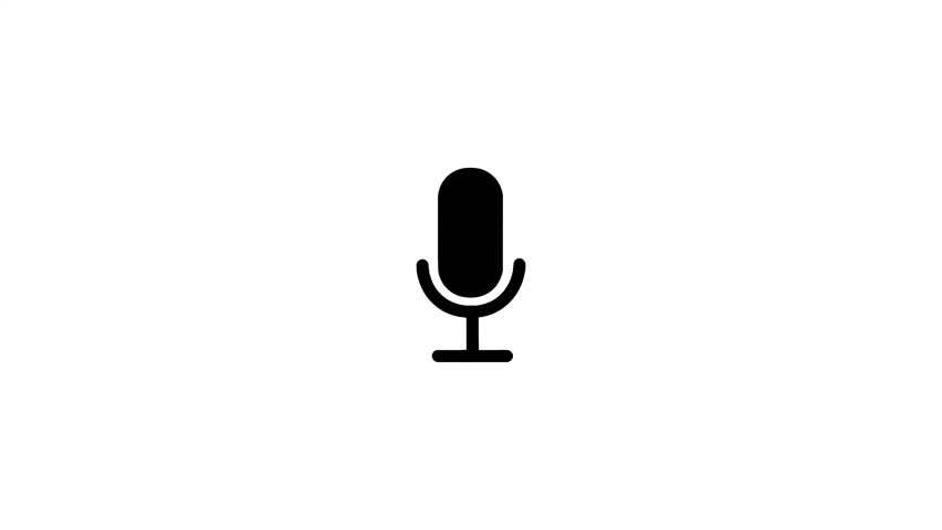 A minimalist black icon of a microphone, presented centrally on a clean white background. This graphic represents audio recording, broadcasting, or voice input.