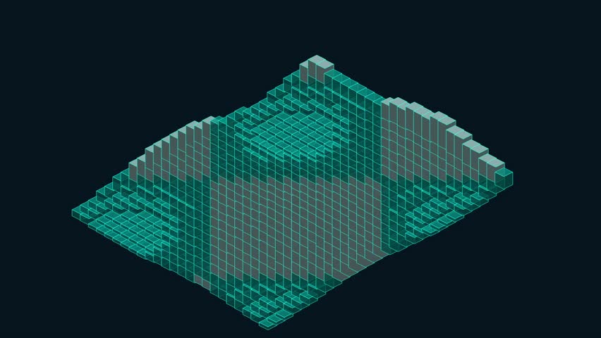 A voxel wave grid forming a flowing, layered terrain with glowing turquoise edges. An abstract digital motion aesthetic with a sci-fi atmosphere.