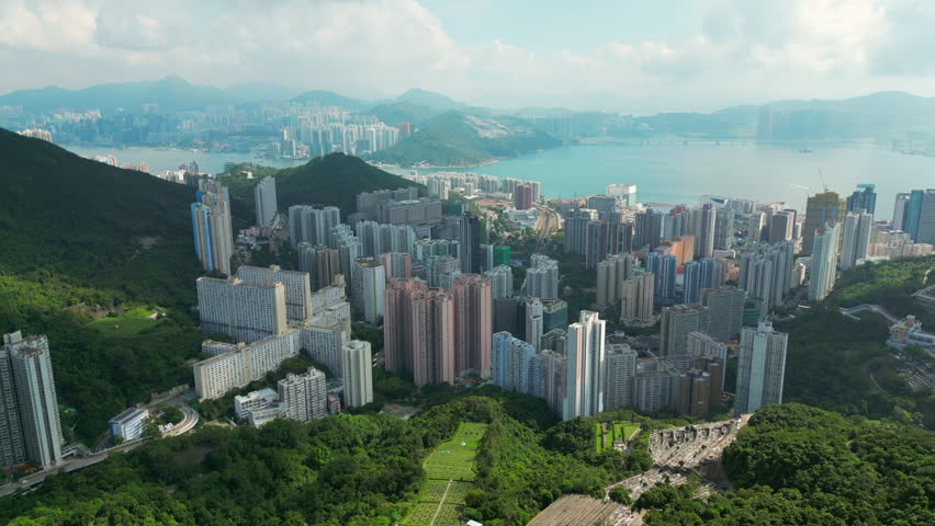 Chai Wan Neighborhood Hong Kong Island China High Angle Drone Track Back 4K 60FPS