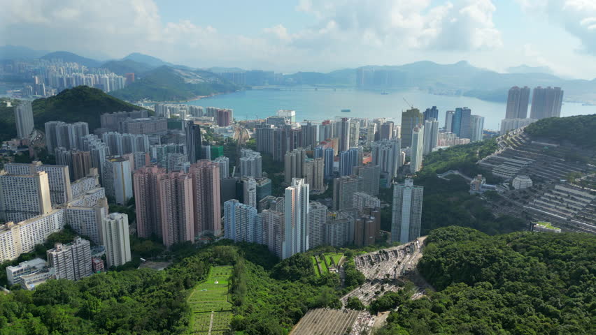 Chai Wan Neighborhood Hong Kong Island China Drone Track Left 4K 60FPS