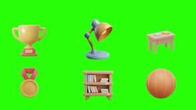 3D cartoon-style educational icons set including trophy, medal, netball, table lamp, bookshelf, school desk, colorful playful design, pastel textures - Powered by Shutterstock - Get 15% off with code: PIKWIZARD15