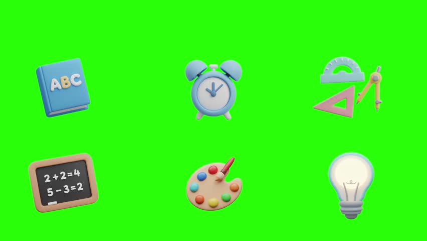 3D education icon set with dictionary alarm clock paint palette geometry tools lightbulb idea and classroom chalkboard in colorful cartoon style