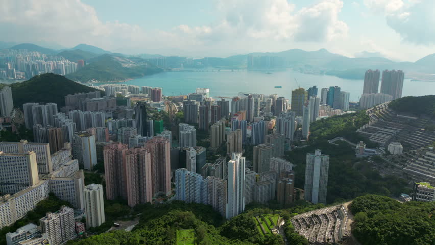 Chai Wan Neighborhood And Junk Bay Hong Kong China Drone Pull Back 4K 60FPS