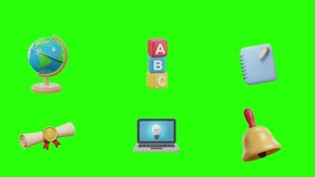 3D education icon set with school bell certificate laptop lightbulb globe notebook pen and colorful ABC blocks in cartoon style - Powered by Shutterstock - Get 15% off with code: PIKWIZARD15