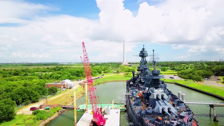 USS Texas at San Jacinto Battlefield Historic Park, Texas, historic battleship, military landmark, museum site, heritage monument, panoramic view, iconic Texas history