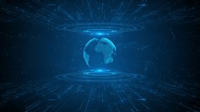 Futuristic HUD planet Earth digital globe glowing data rings, tech lines, hex grid. Visual shows global network, flow, blockchain system, crypto finance, virtual data transfer, smart tech. 3D 4K - Powered by Shutterstock - Get 15% off with code: PIKWIZARD15
