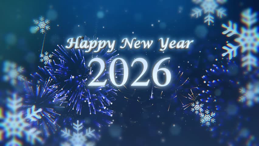 2026 New Year Countdown with winter atmosphere and text,fireworks. Snowflake as the countdown from 10 to 0 is accompanied by Happy New Year wishes. Perfect for a party video counting down to midnight.