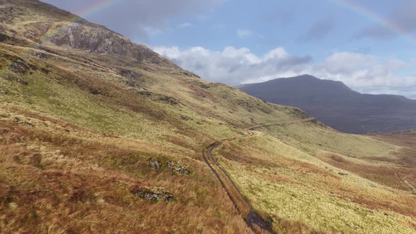 Aerial drone video showcasing the rugged highland landscapes of Snowdonia in North Wales, capturing dramatic mountains, natural wilderness, and sweeping scenic beauty.