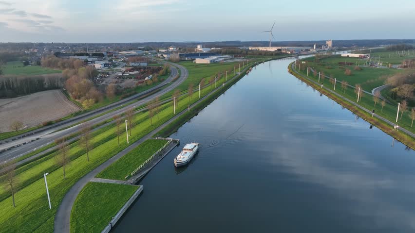Aerial zoom out showing a boat navigating the canal near the Strépy-Thieu boat lift in Le Roeulx during golden hour