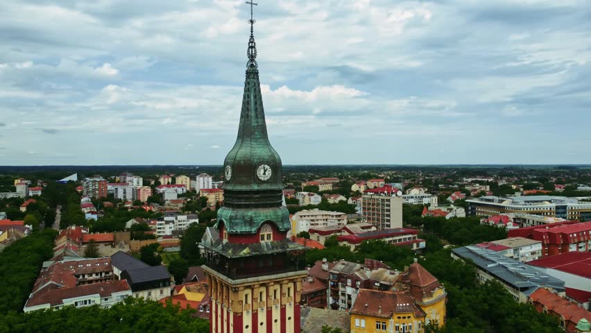 Aerial view of City Hall tower in Subotica, Serbia.