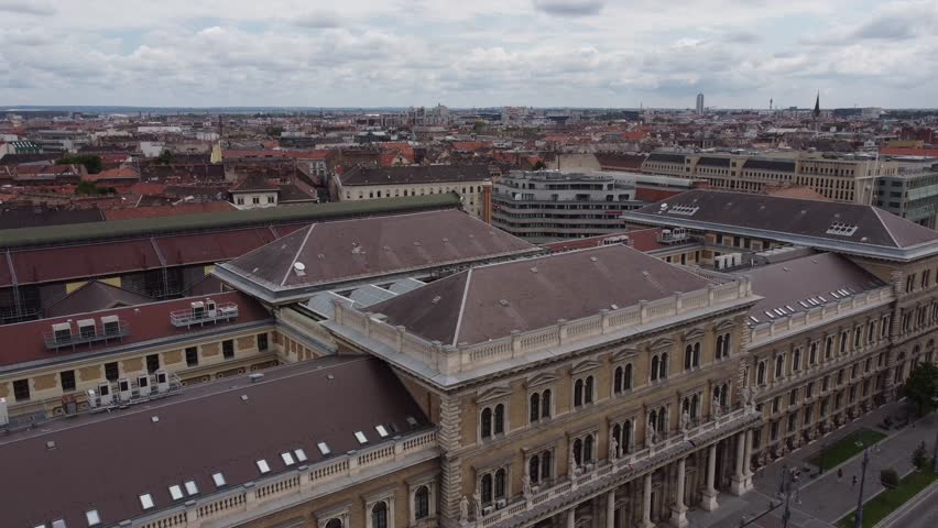 Aerial view of building with red roofs, Hungary.
